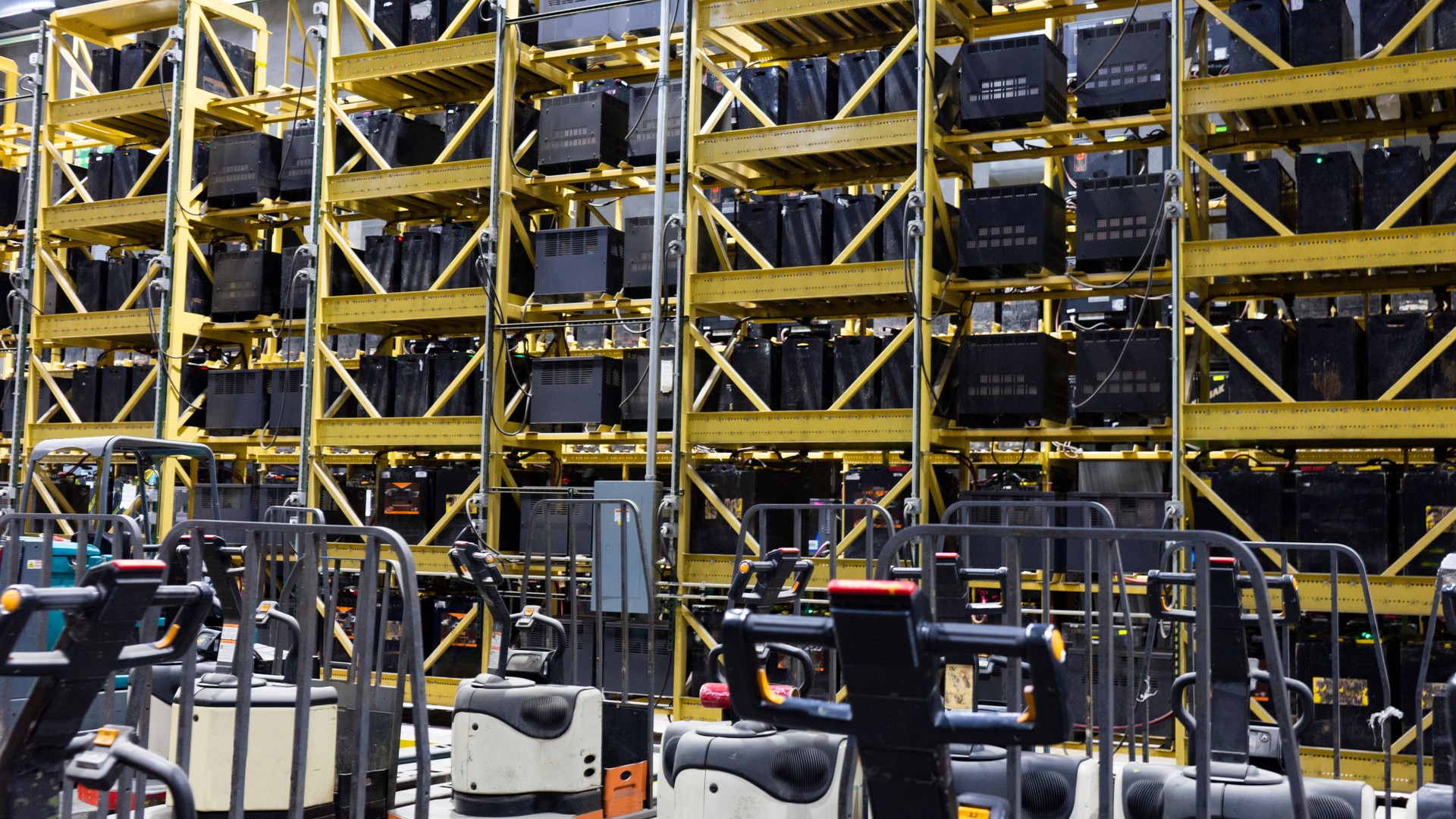Forklift and pallet jack batteries in a warehouse
