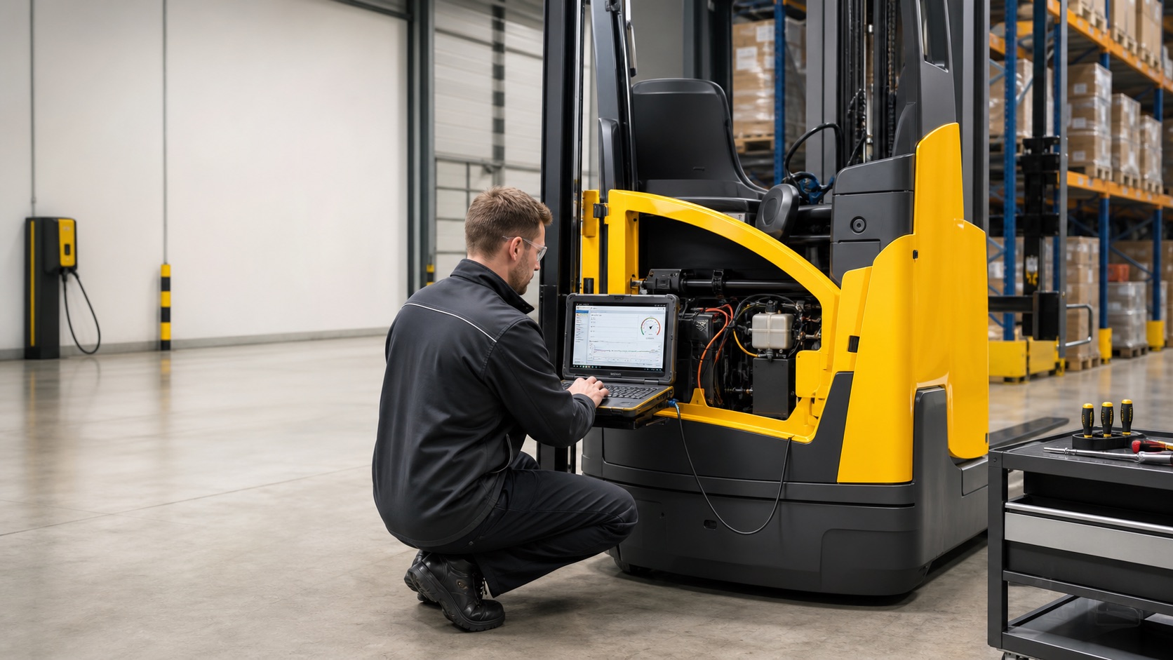 Forklift technician using laptop diagnostic equipment on Jungheinrich-influenced yellow warehouse equipment
