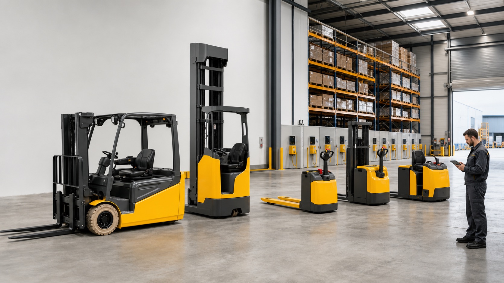 Jungheinrich-influenced reach truck, pallet truck, stacker and counterbalance equipment in warehouse racking