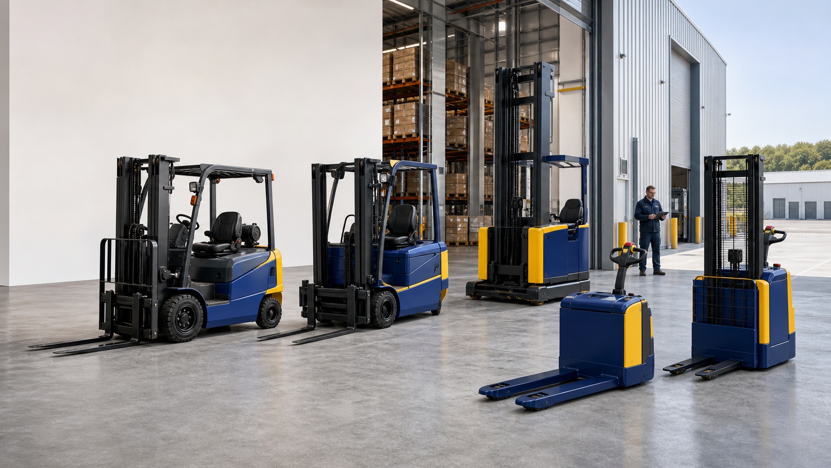 Mixed forklift fleet representing Komatsu support and wider all-makes capability
