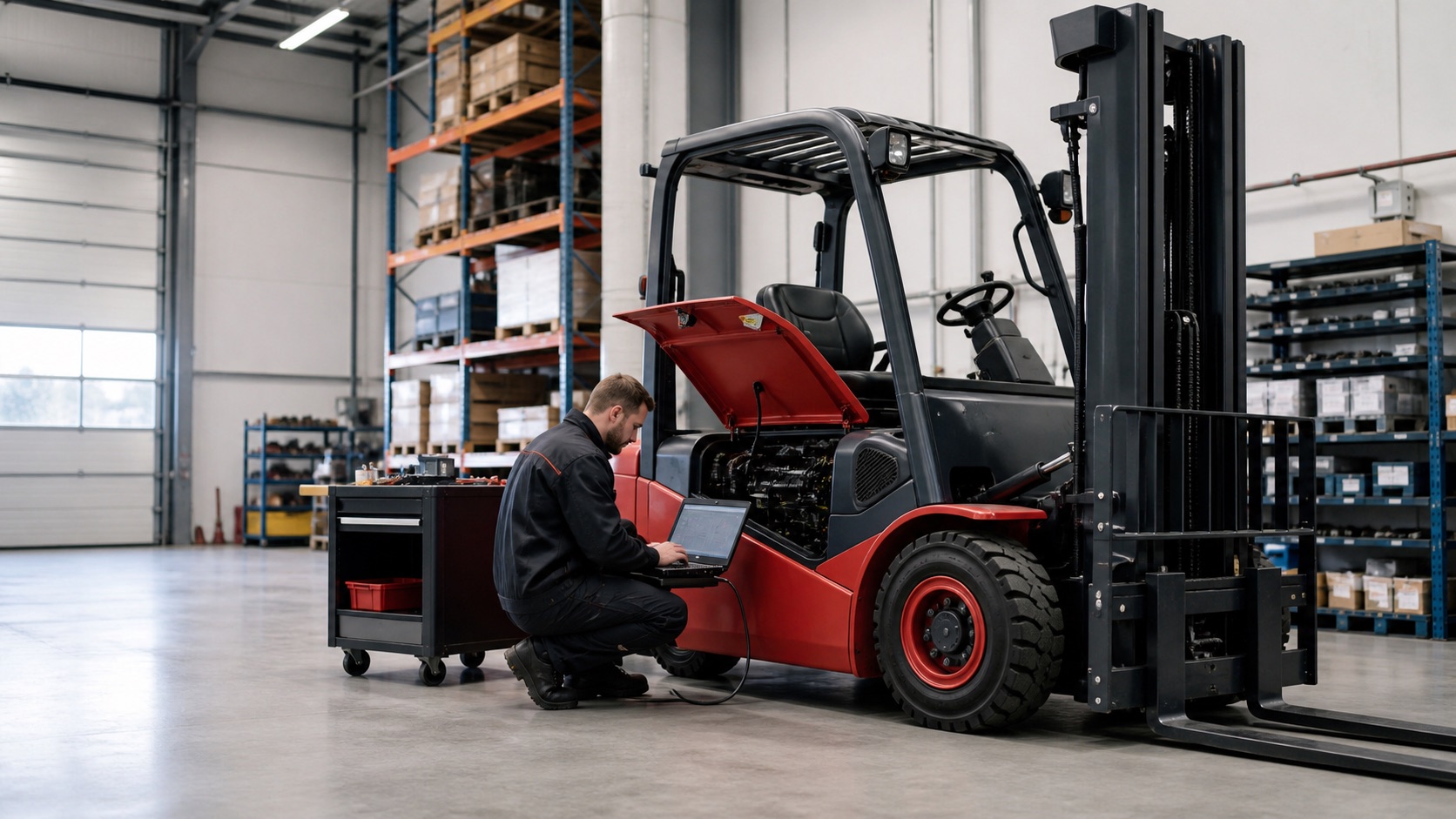 Forklift technician using laptop diagnostics on Linde-influenced red warehouse equipment