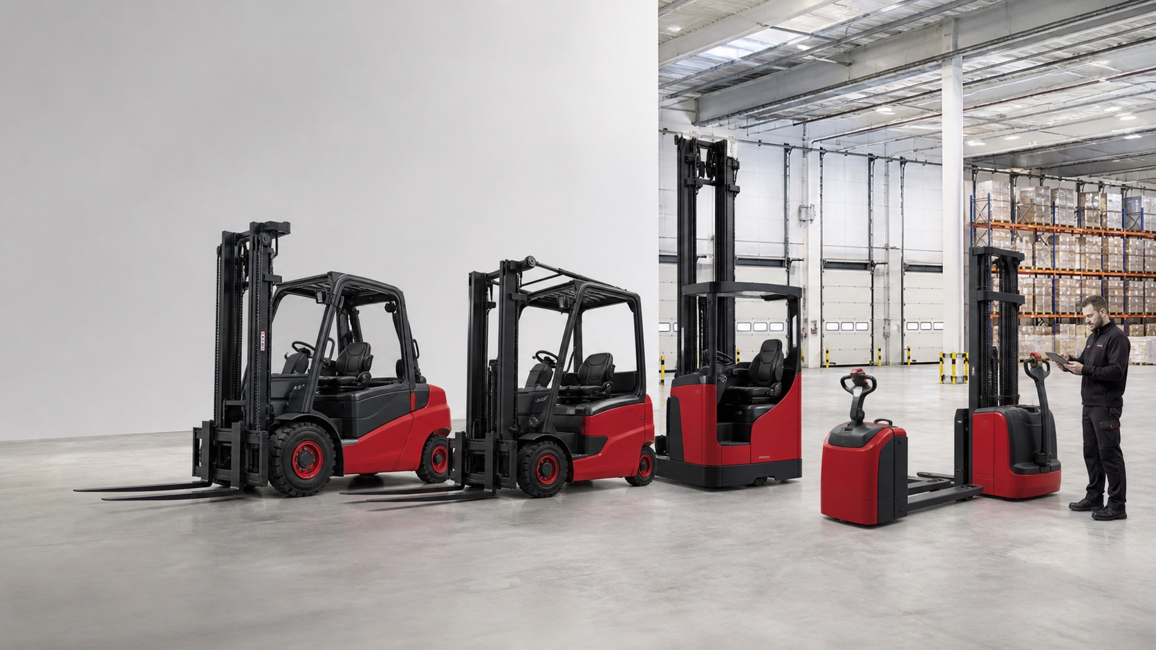 Linde-influenced counterbalance, reach, pallet truck and stacker equipment in a warehouse