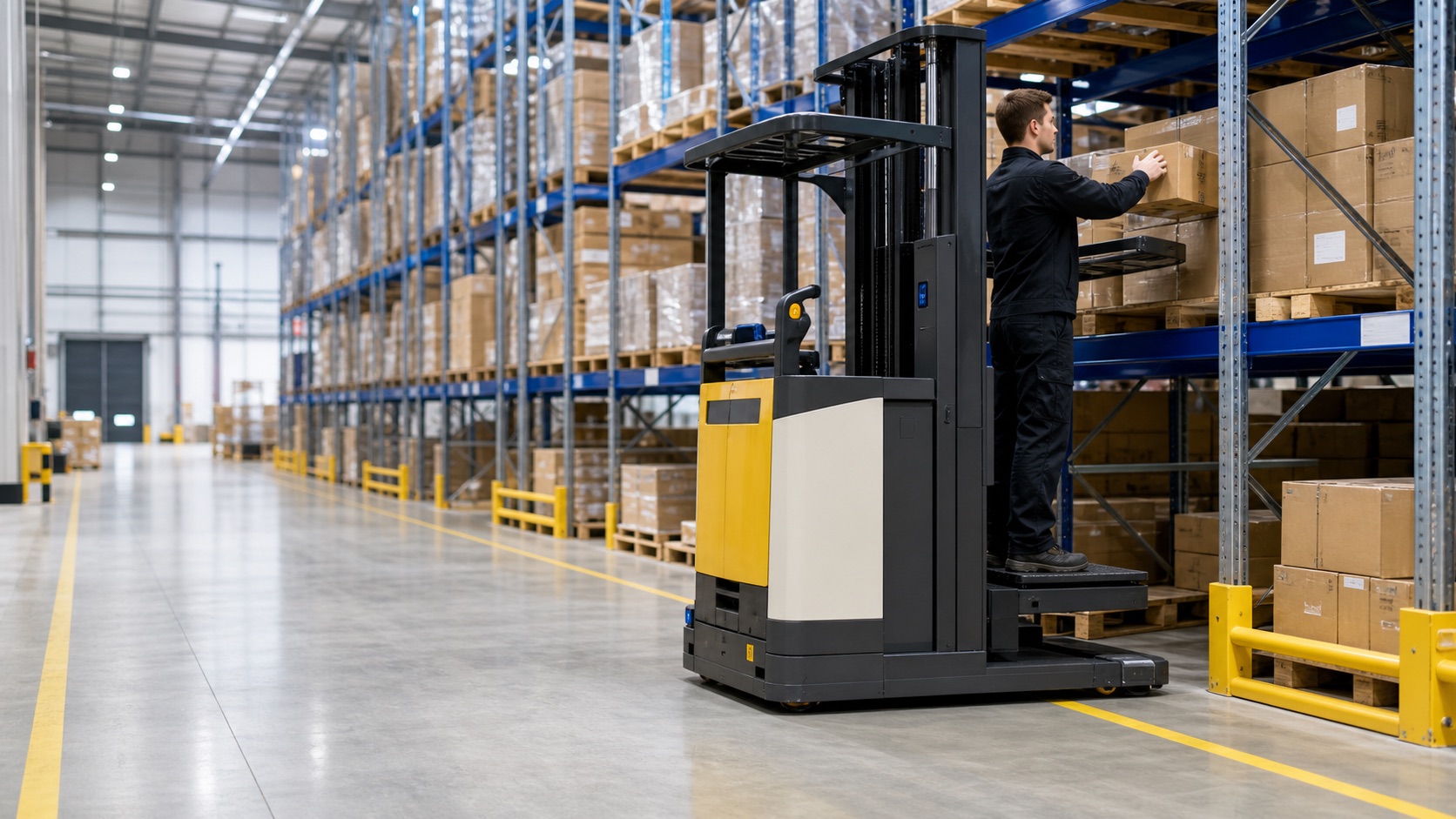 Order picker equipment in warehouse aisles