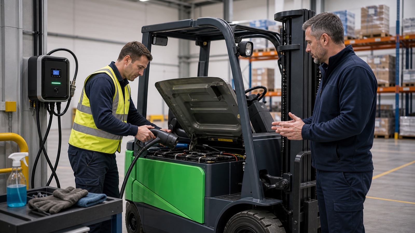 Forklift operation showing battery care challenge