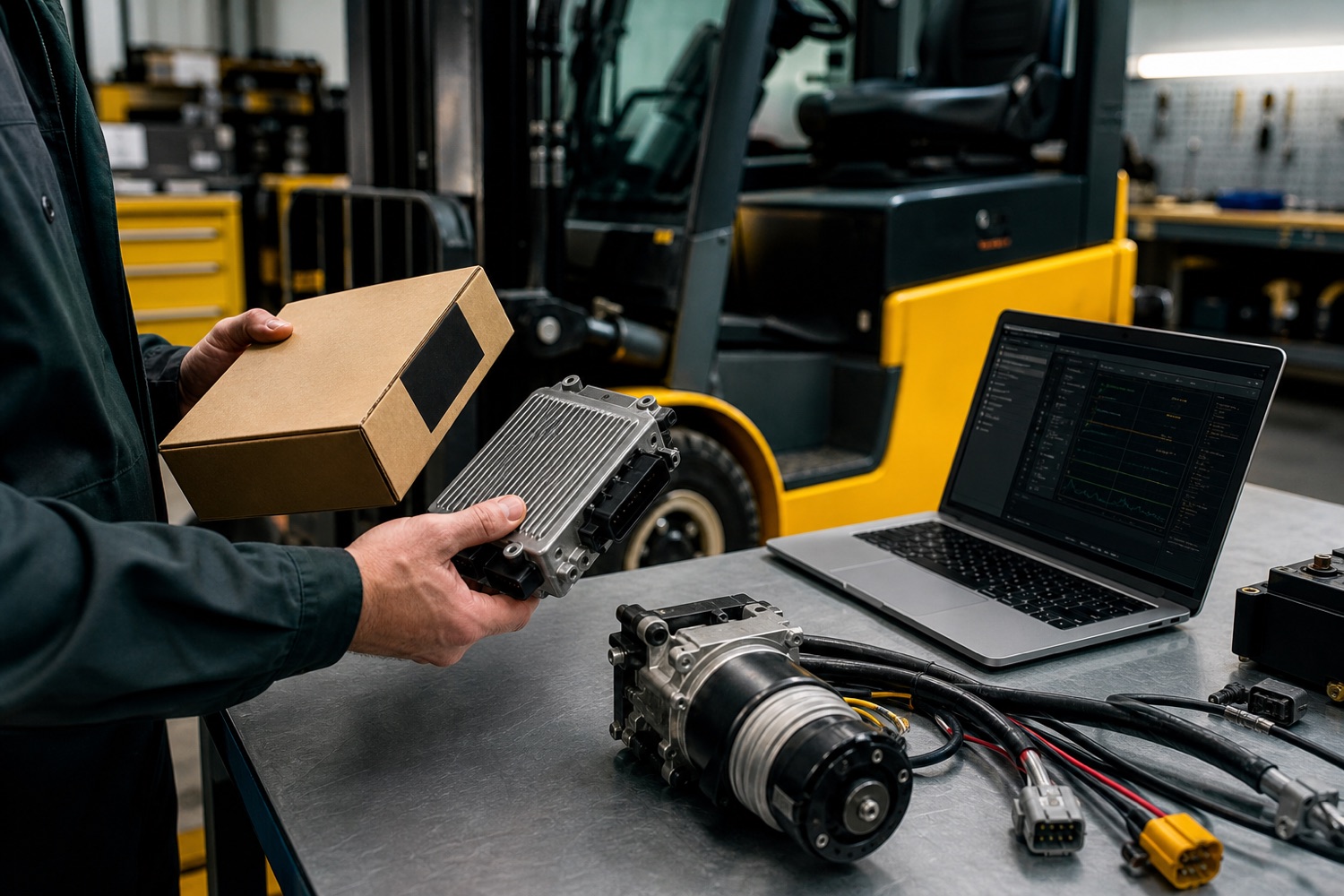 Forklift controller, parts and diagnostic laptop on a workshop bench