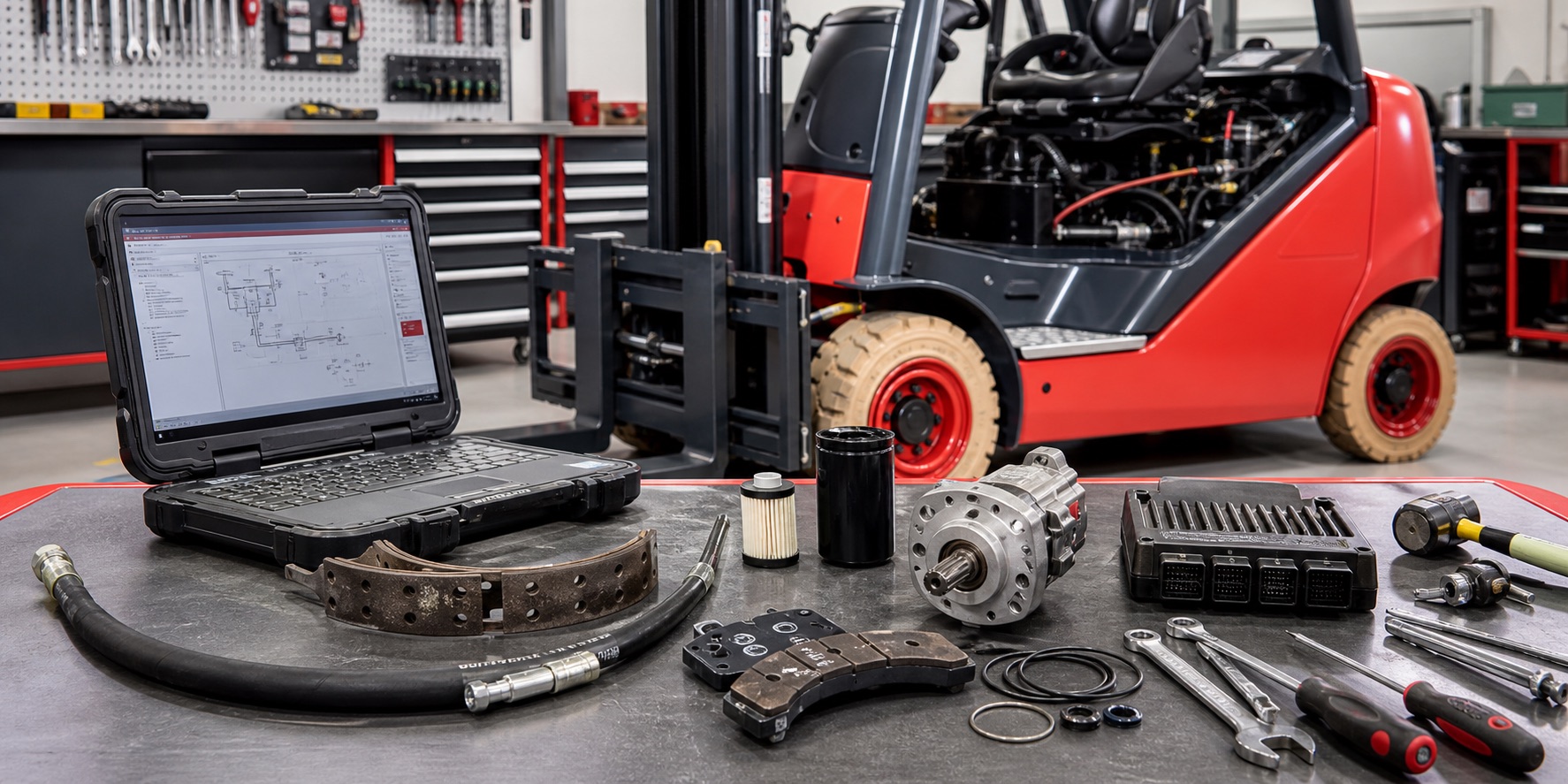 Forklift parts, controller and diagnostic laptop with a red forklift in a workshop