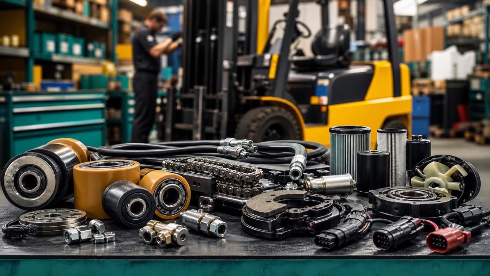 Forklift parts laid out with a service engineer and forklift in the background