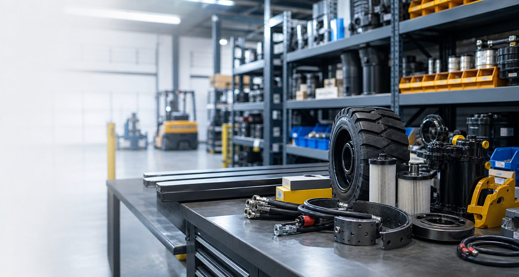 Forklift spare parts including filters, wheels, hoses, brake parts and electrical components