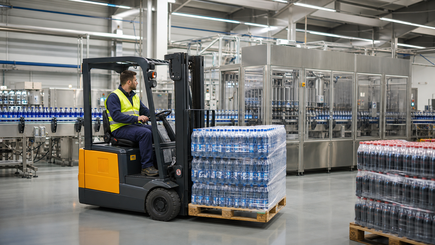 Forklift moving palletised bottled drinks beside a bottling line