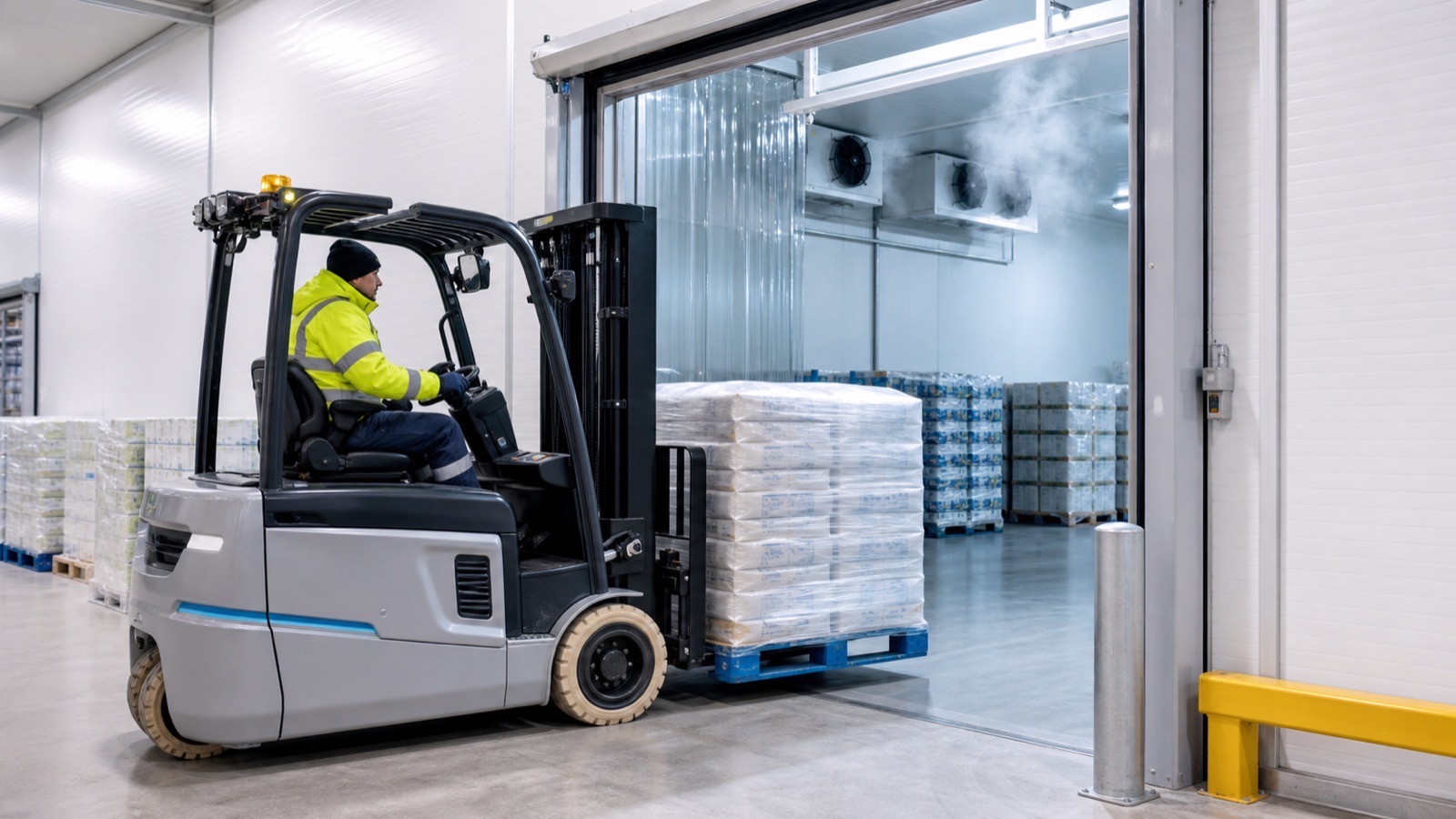 Forklift driving palletised goods into a clean food manufacturing cold store