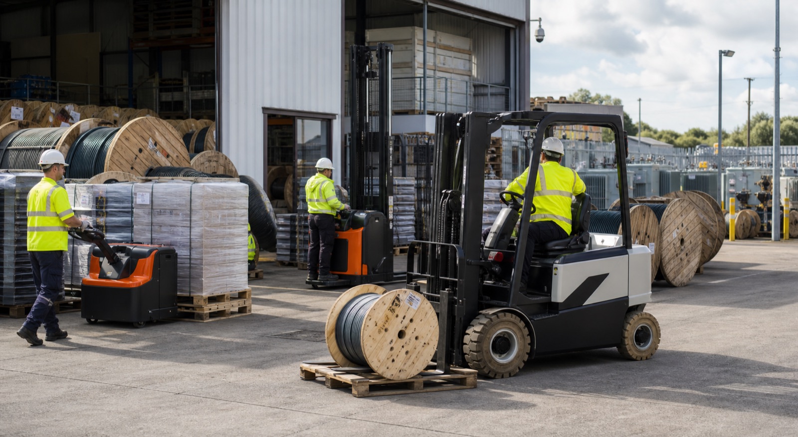 Mixed materials handling fleet supporting cable drums and utility stores in an energy depot