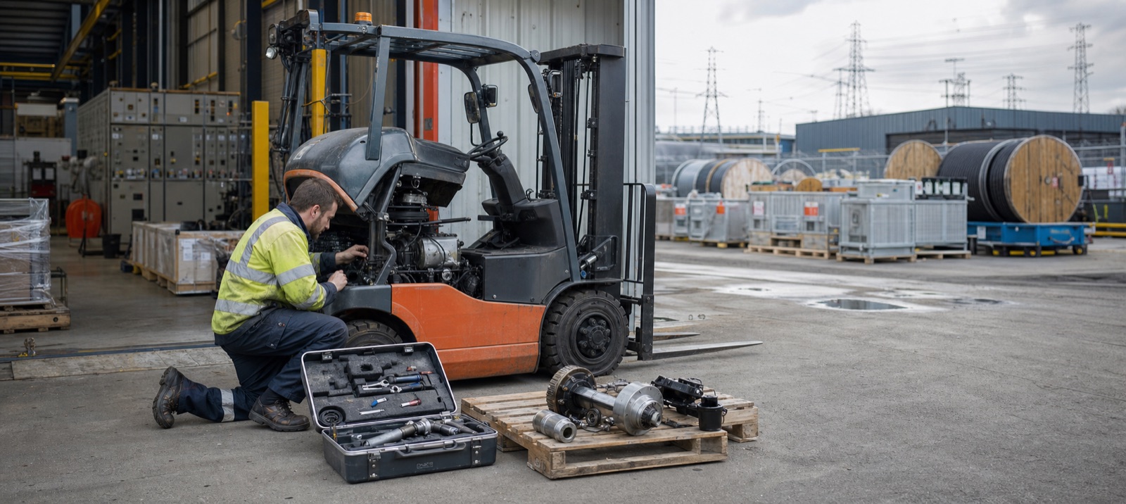 Forklift engineer repairing a truck in an energy and power depot with cable drums nearby