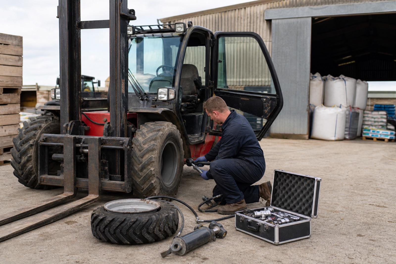 Forklift engineer repairing an agricultural handling truck beside feed and seed pallets