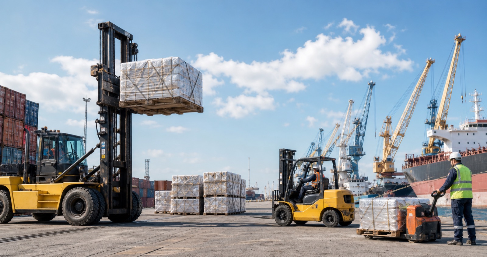 Mixed forklift fleet supporting cargo movement at a port and maritime terminal