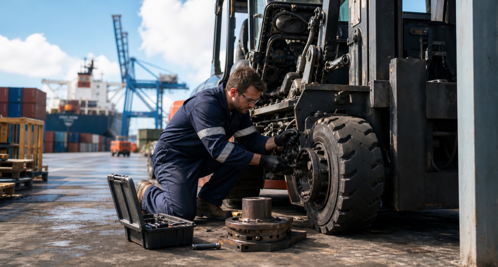 Forklift engineer repairing heavy handling equipment in a port terminal